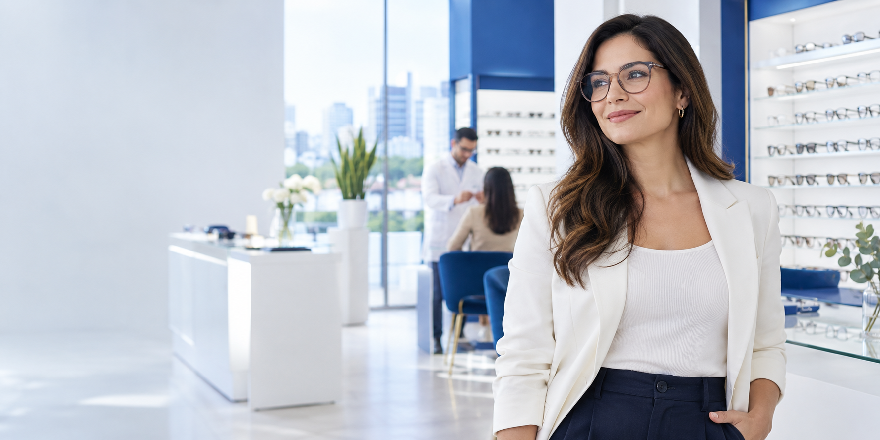 Clienta con lentes en una óptica moderna
